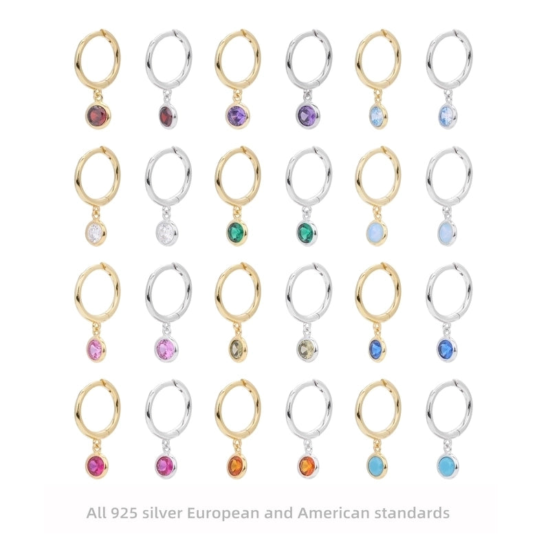 1 Pair 925 Sterling Silver Birthstone Round Drop Earrings