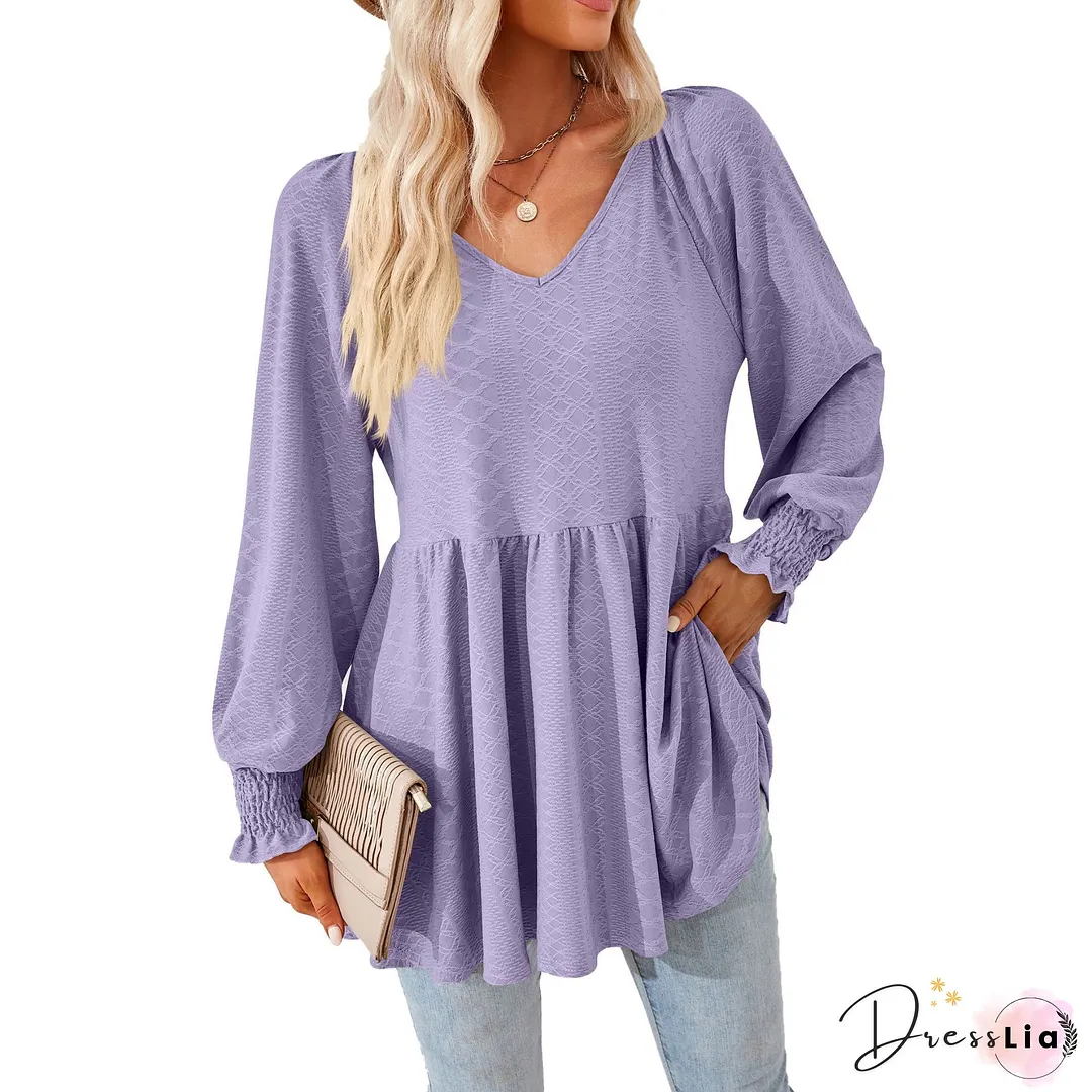 V Neck Polka Dots Long Sleeve Holiday Blouses