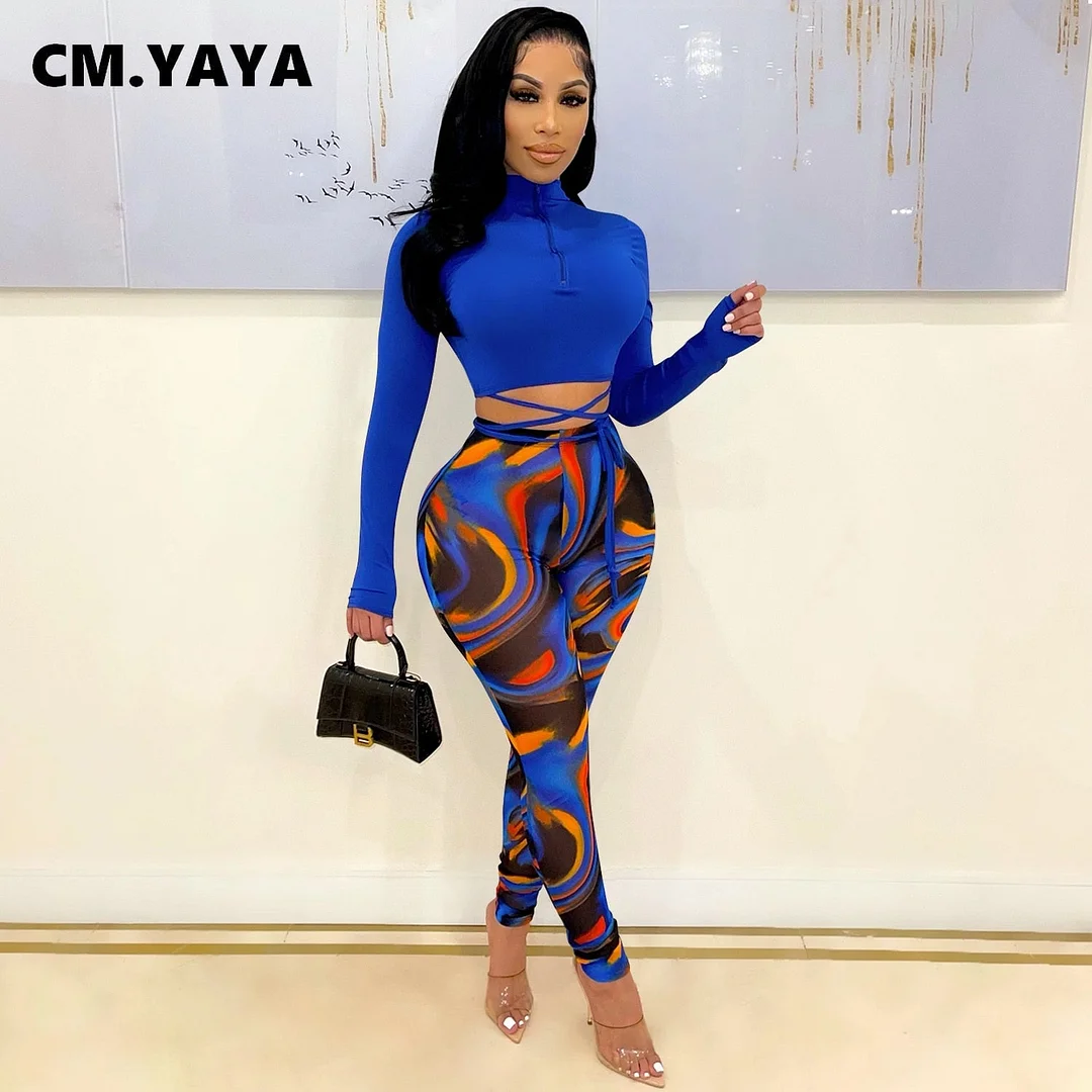 CM.YAYA Active Women's Tracksuit Lace Up Hem Long Sleeve Tops and Legging Pants Suit Matching Two 2 Piece Set Outfits Sweatsuit