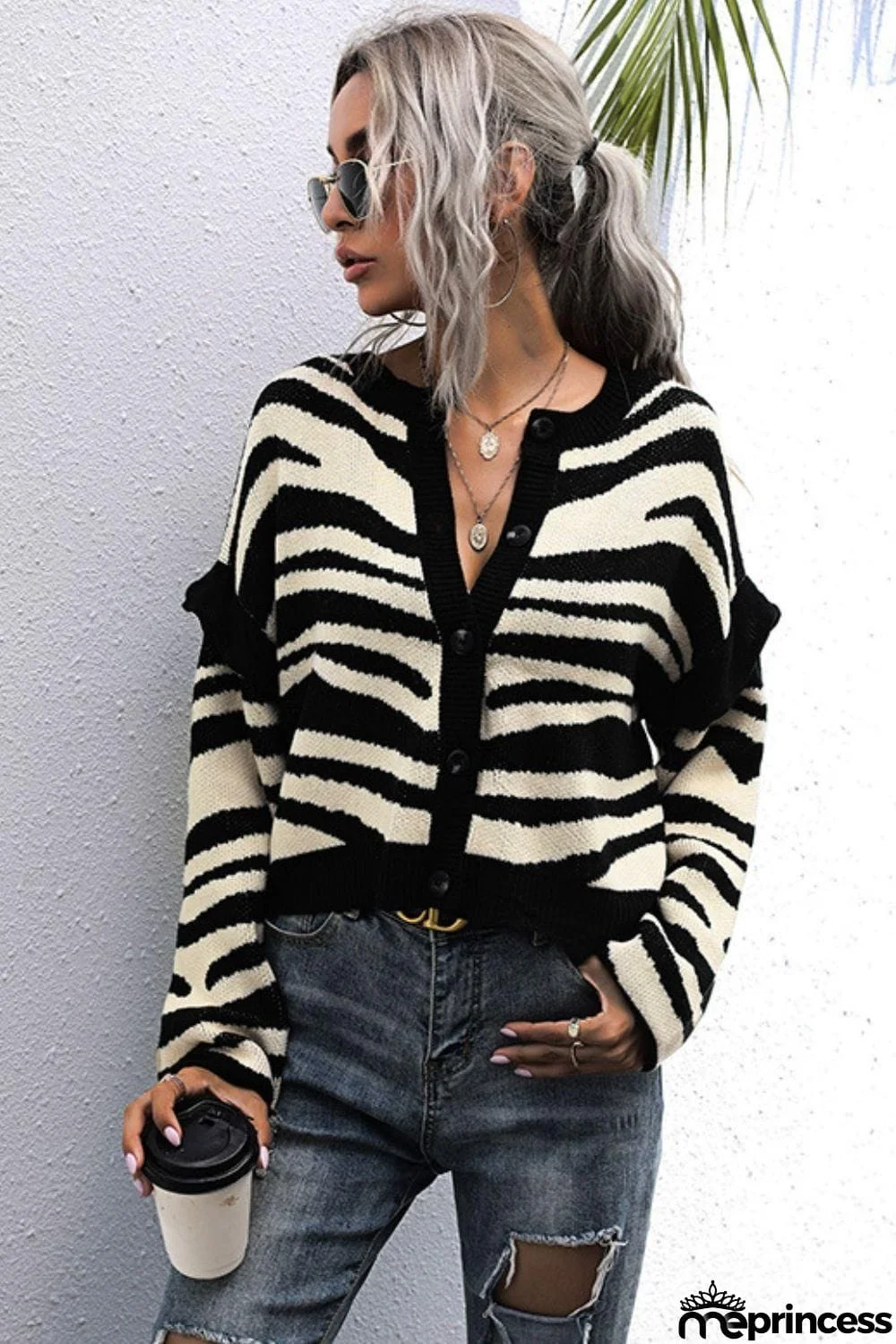 Striped Button-Down Round Neck Drop Shoulder Cardigan