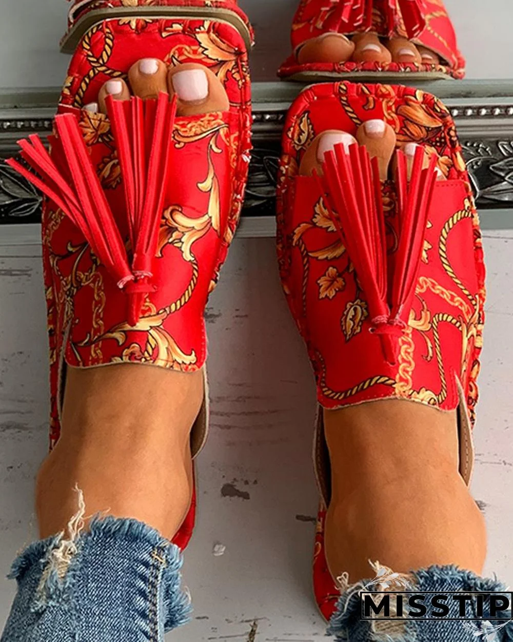 Scarf Print Tassel Design Square Toe Flat Sandals