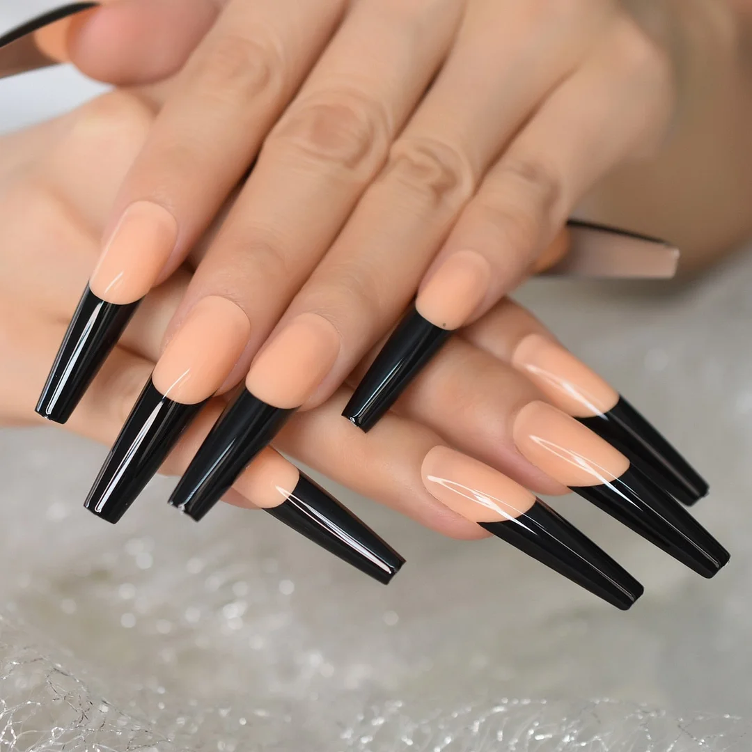 Extremely Long Coffin Press On Nails Beige Black French False Nail Tips Full Cover Glossy Ballerina Fake Finger Nails Manicure-Nail Inspo