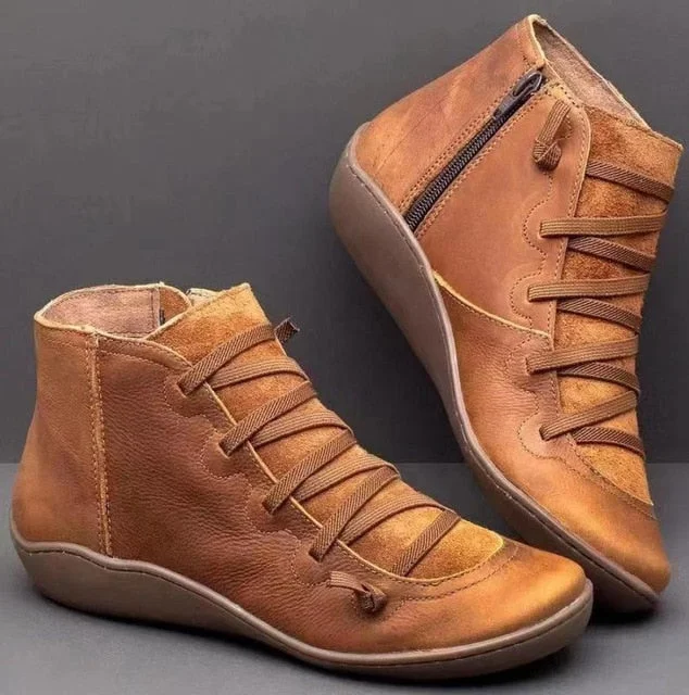Women's PU Leather Ankle Boots Autumn Winter Cross Strappy Vintage Women Punk Boots Flat Ladies Shoes Lady Botas Zapatos Mujer