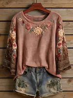 Women's Rose Floral Casual Pattern T-shirt