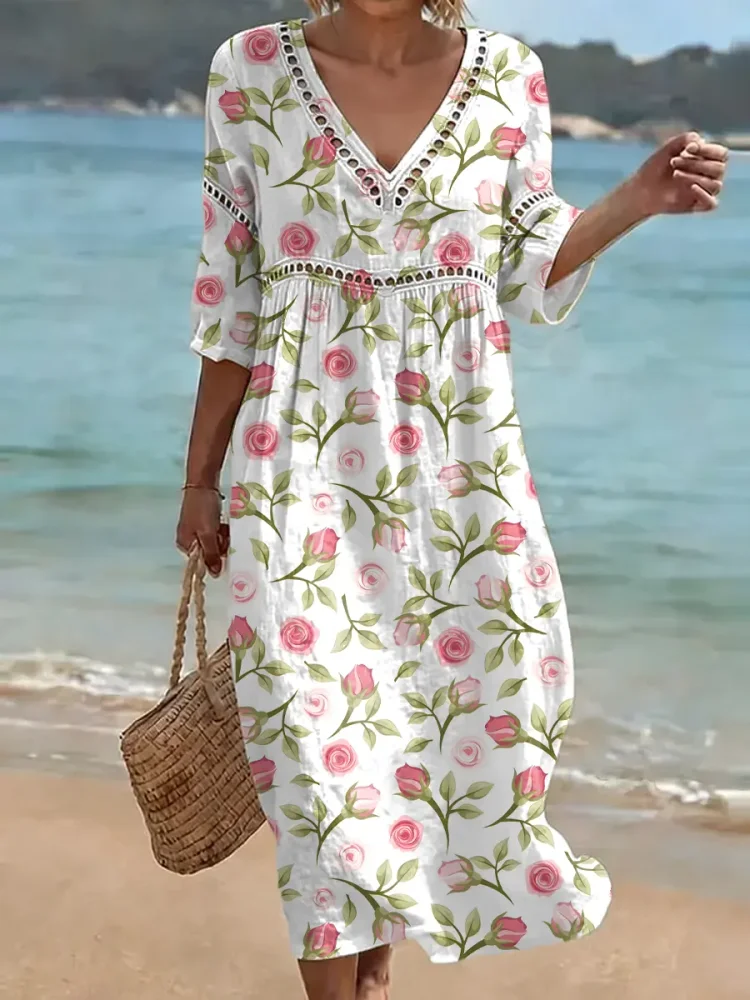 Women's Floral Pattern Art Print Casual Stylish Cotton Linen Dress