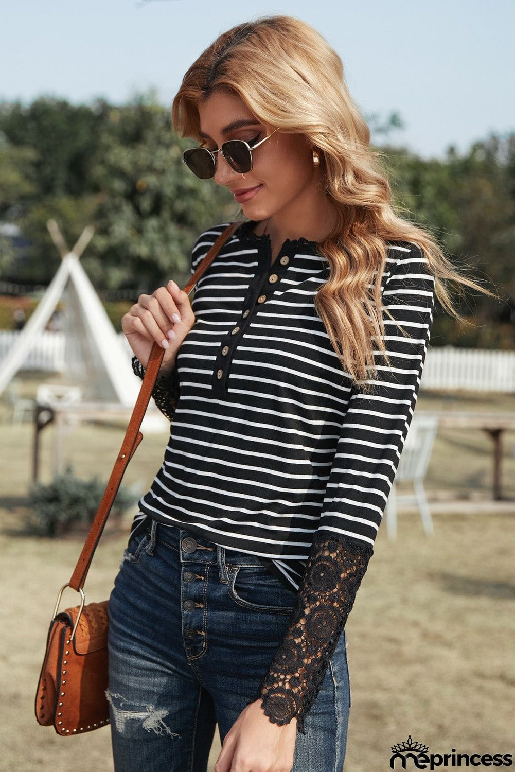 Lace Striped Splicing Hollow-out Button Long Sleeves Top