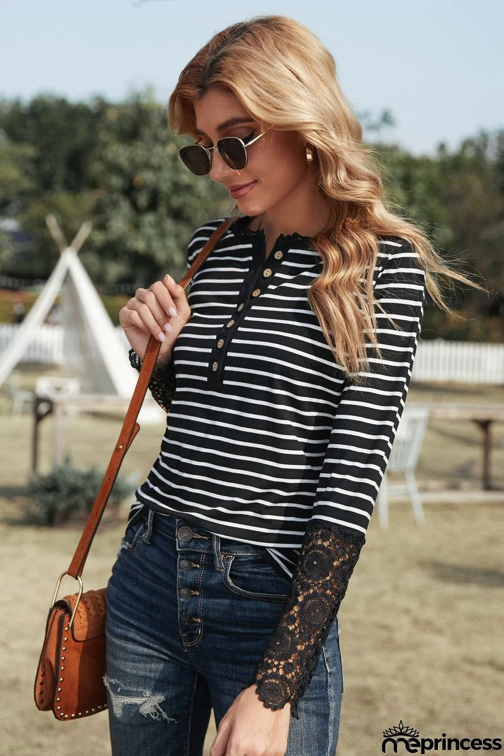 Lace Striped Splicing Hollow-out Button Long Sleeves Top