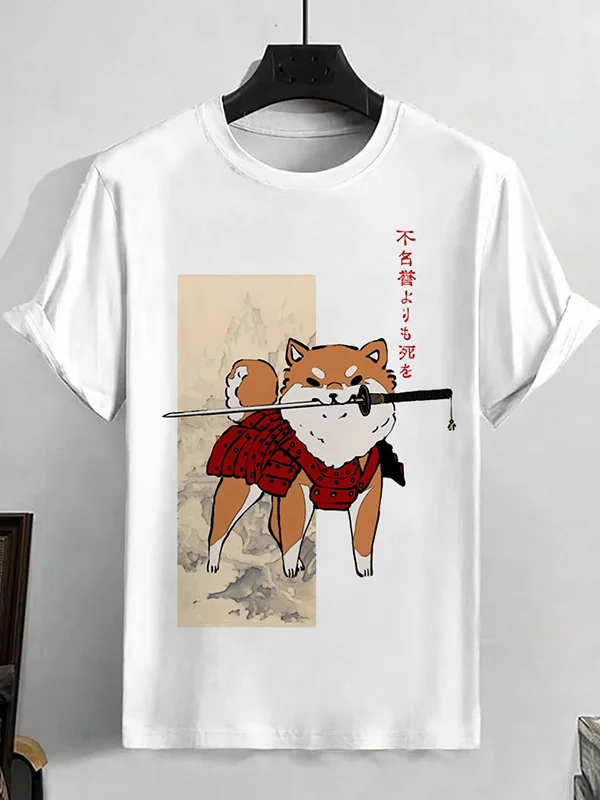 Men's Cute Samurai Shiba Inu Holding Saber Art Graphic Printed Casual T-Shirt