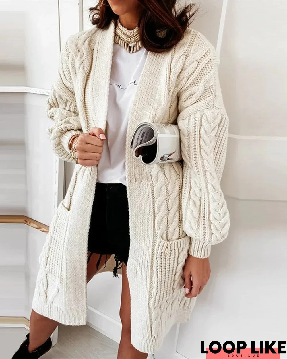 Knit Long Sleeve Pocket Design Cardigan