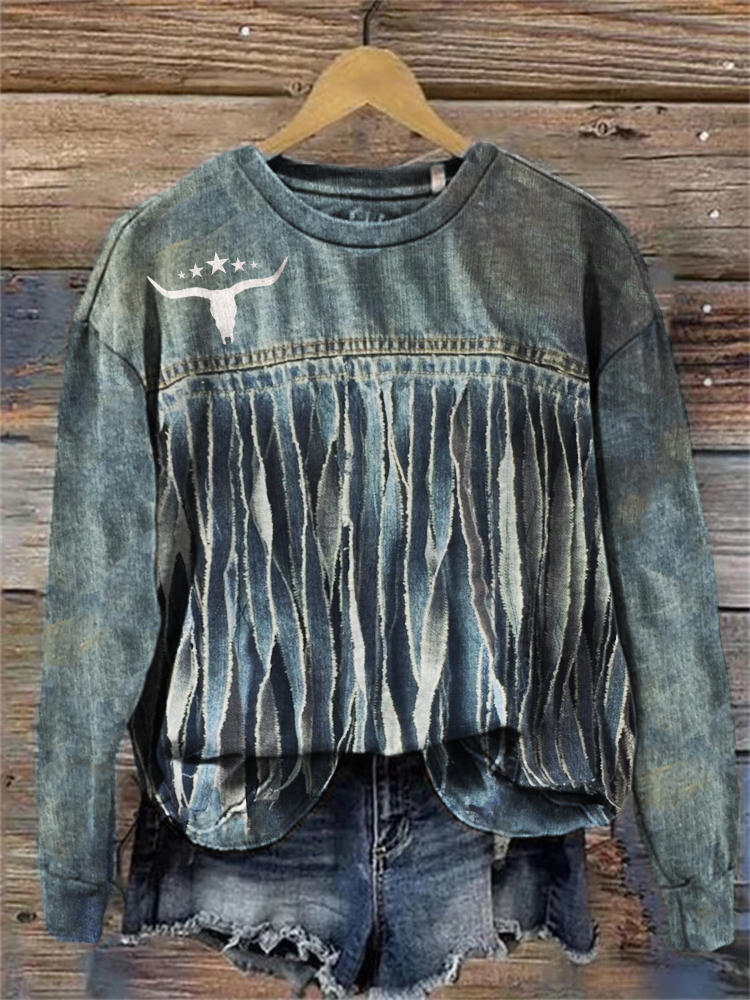  Vintage Denim Fringe Inspired Sweatshirt Westsshops