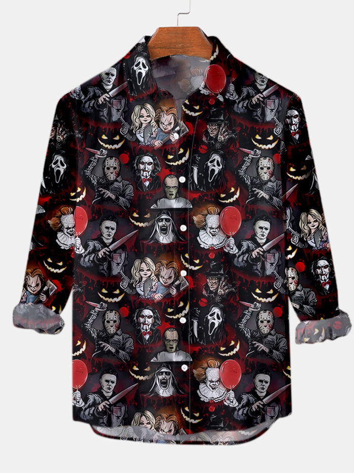 Men's Halloween Retro Movie Poster Pattern Long Sleeve Shirt PLUSCLOTHESMAN