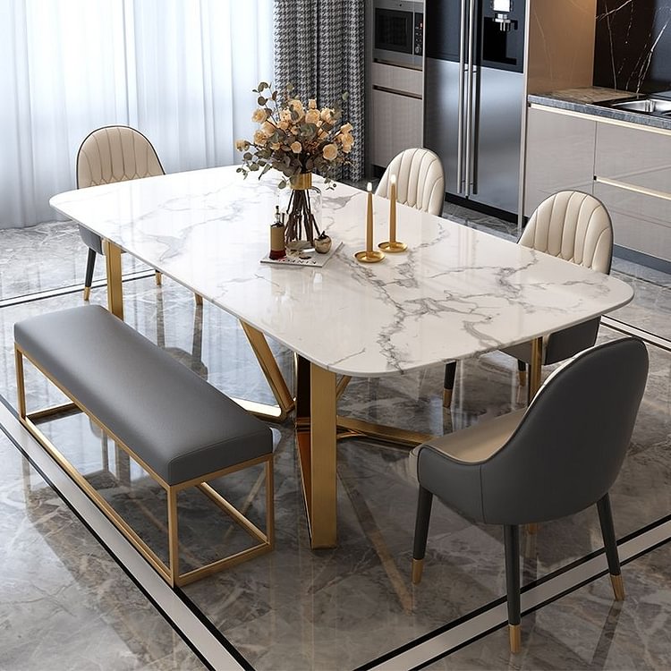Homemys Modern Rectangle 63" Marble Dining Table Gold Base Stainless Steel