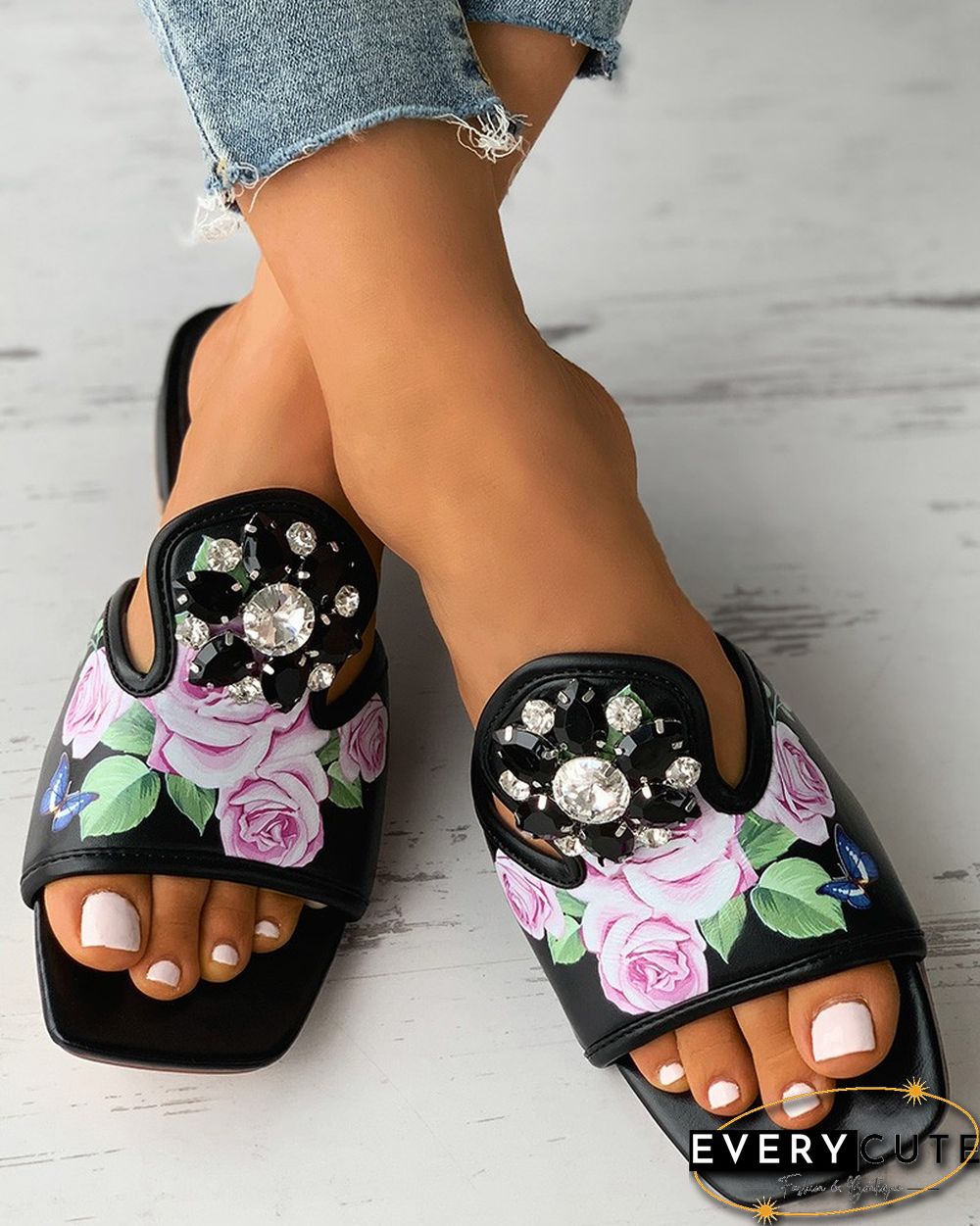 Floral Print Rhinestone Decor Chunky Heels