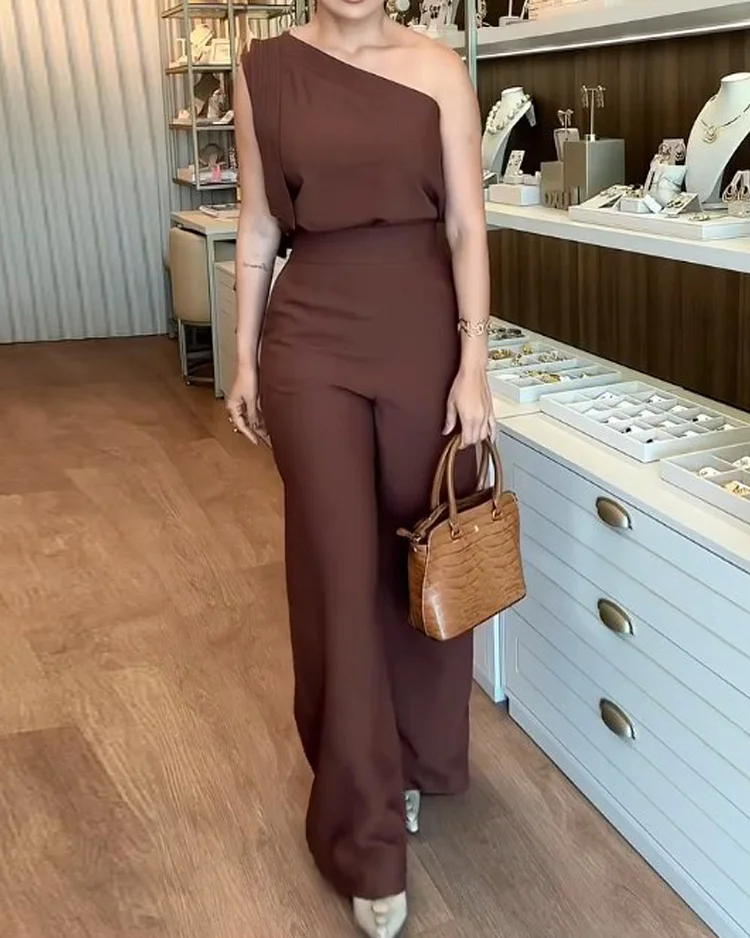 One-shoulder solid color two-piece suit