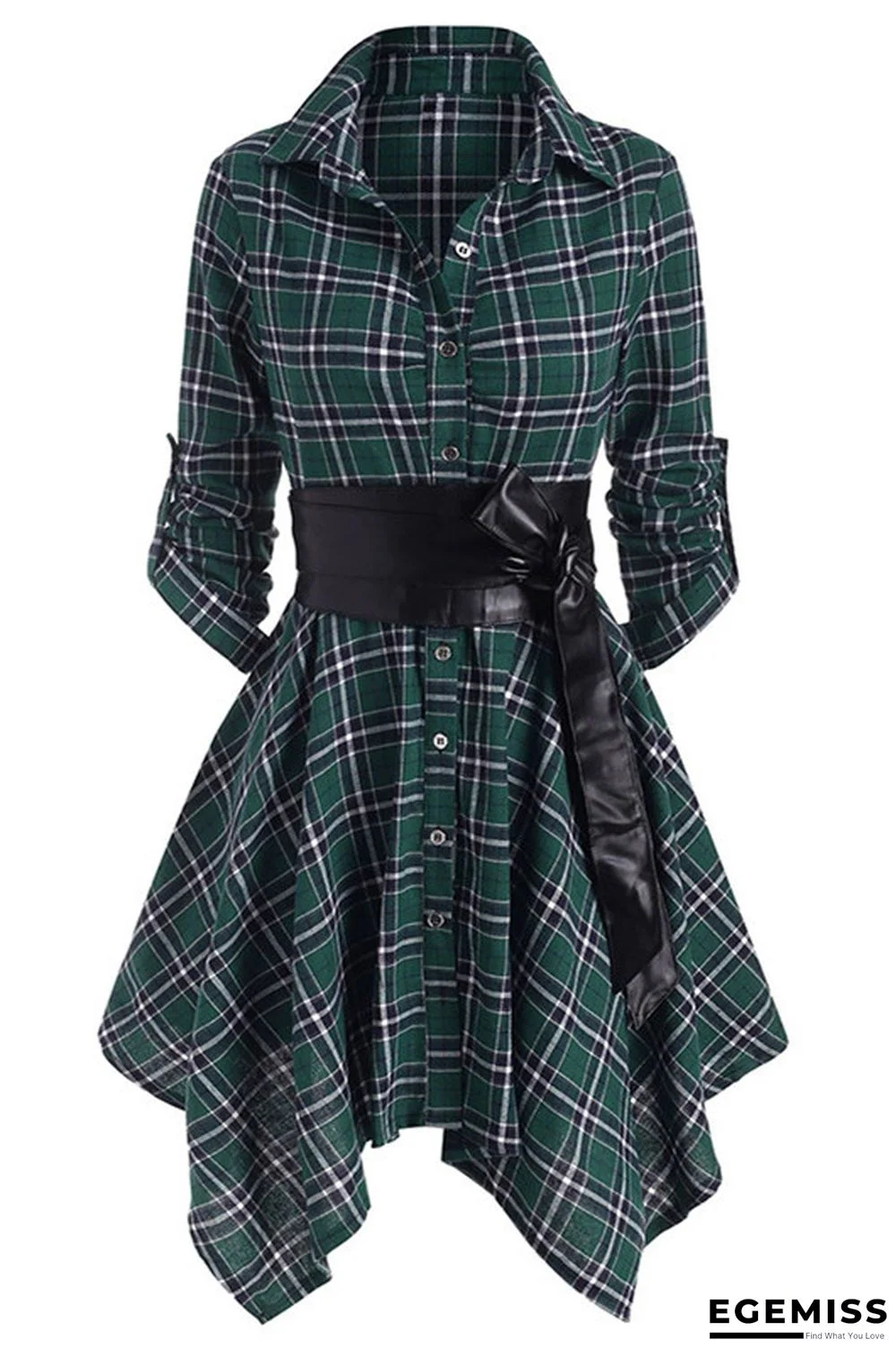 Ink Green Fashion Casual Plaid Print With Belt Turndown Collar Irregular Dress | EGEMISS