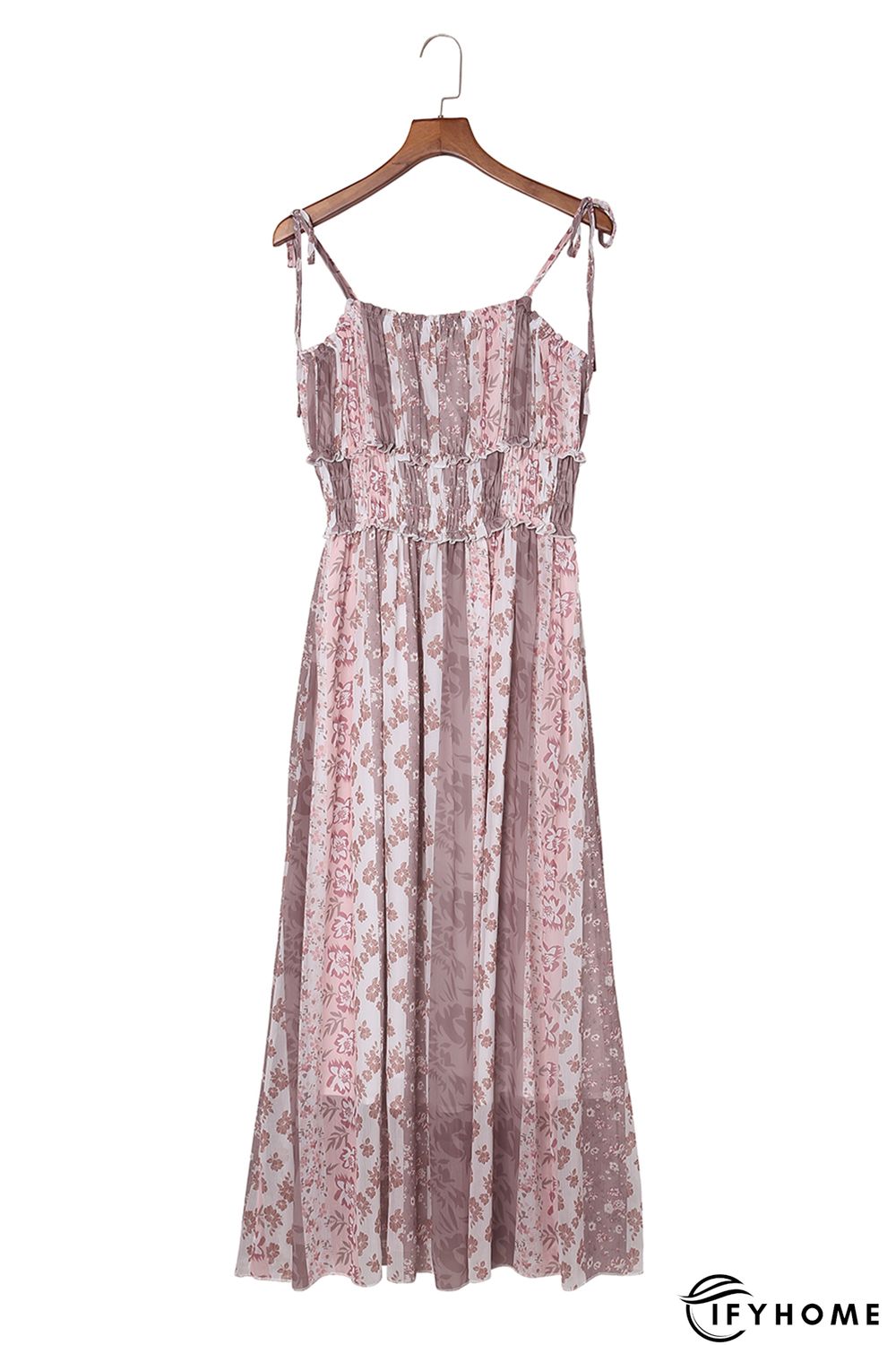 Multicolor Floral Print Frill Trim Smocked Spaghetti Strap Maxi Dress | IFYHOME