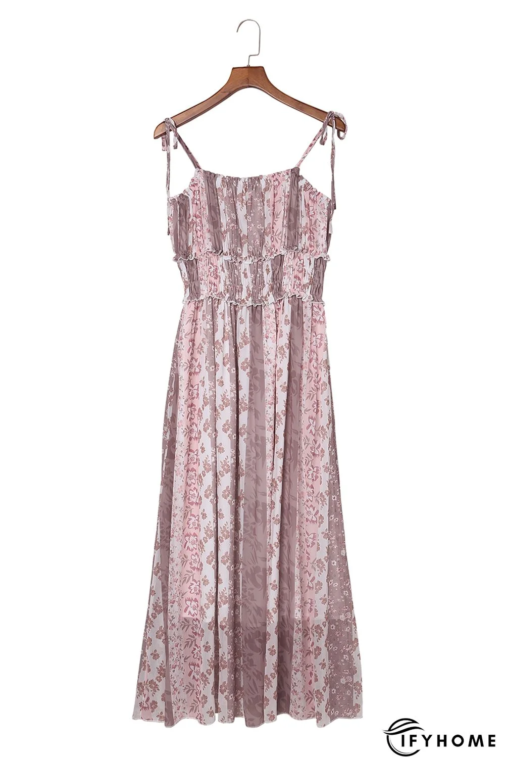 Multicolor Floral Print Frill Trim Smocked Spaghetti Strap Maxi Dress | IFYHOME