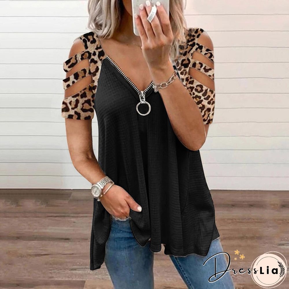 Summer Hollow Out Short Sleeve T-Shirts Women Sexy Zipper V-Neck Casual Ladies Tops Fashion Female Streetwear Blouse Tee D30