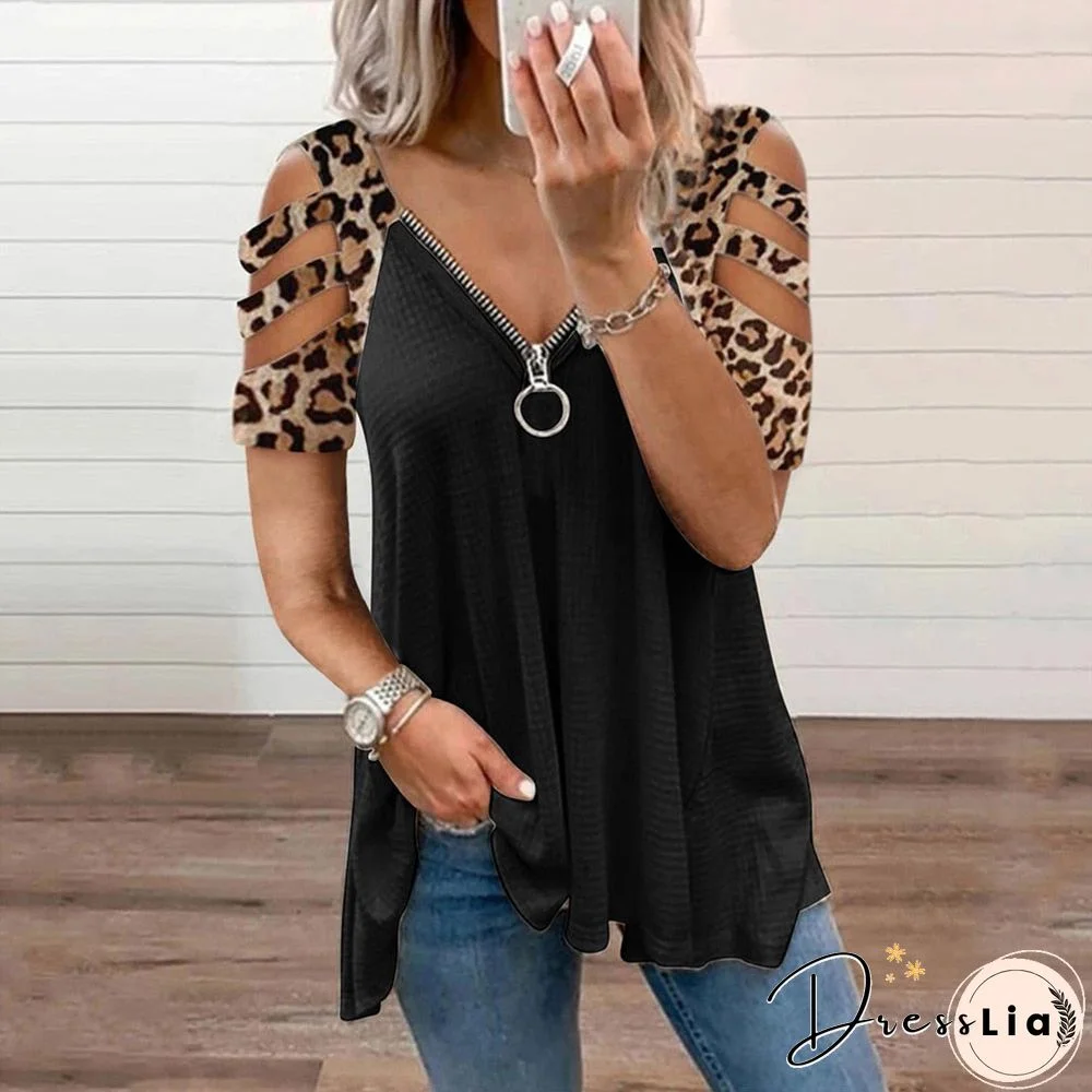 Summer Hollow Out Short Sleeve T-Shirts Women Sexy Zipper V-Neck Casual Ladies Tops Fashion Female Streetwear Blouse Tee D30