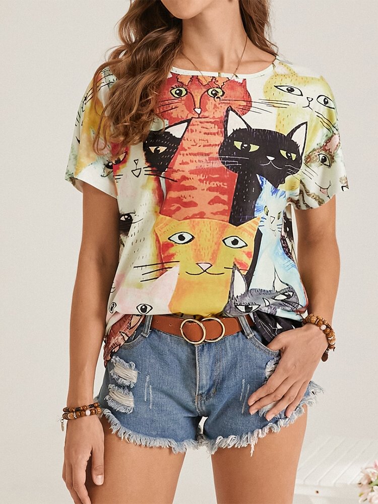Short Sleeve O neck Multi color Cartoon Cat Print Women T Shirt P1849684