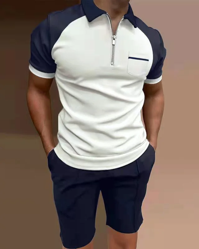 Men's Polo Shirts Casual Colorblock Two Piece Set