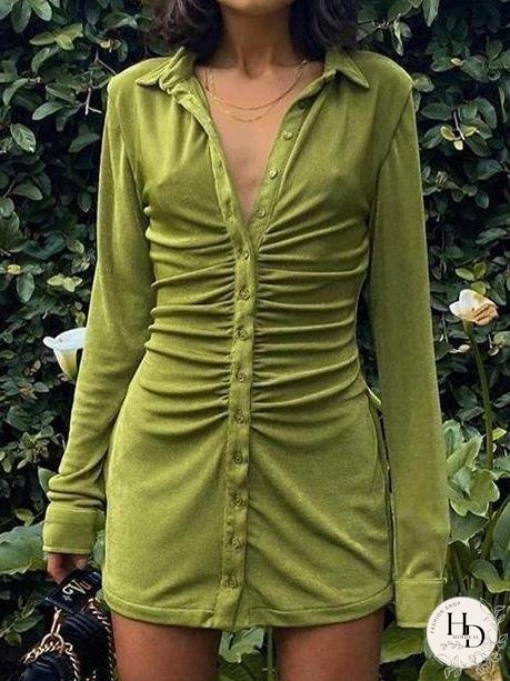 Classy Button Ruched Slim-Fit Shirt Dress