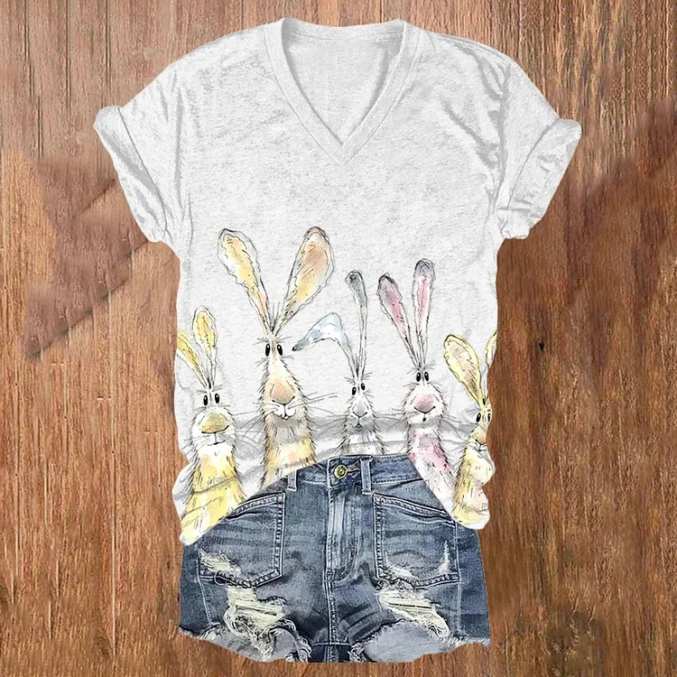 VChics Women'S Watercolor Bunny Print T-Shirt