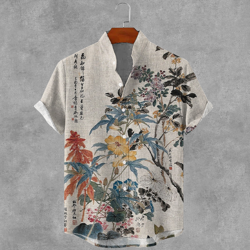 Men's Vintage Floral Oil Painting Art Print Casual Shirt  artssus