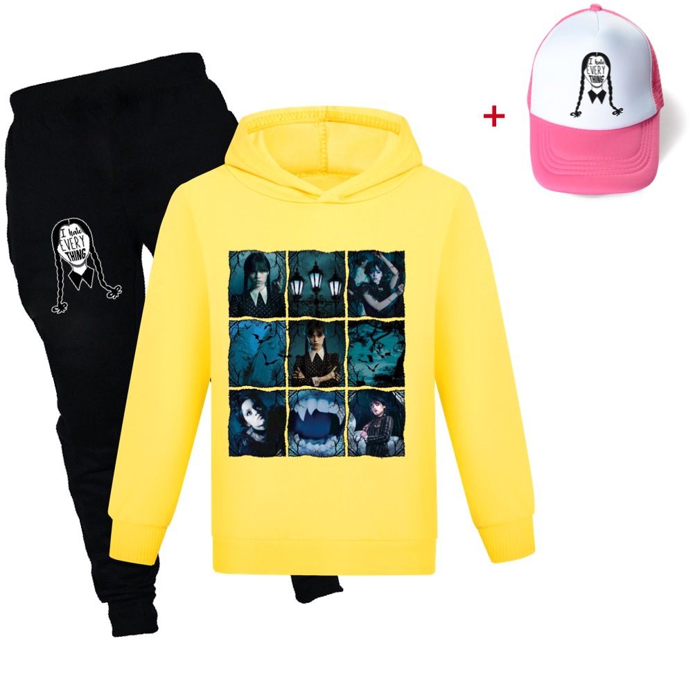 Wednesday Addamsthemed Children's Hoodie, Pants, and Hat Set