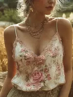 Bohemian Retro Pink Floral Pattern Women's Sleeveless Thin Shoulder Strap Vest
