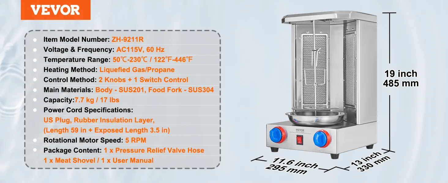 VEVOR shawarma grill machine, 19x11.6x13 inches, 7.7 kg capacity, lpg/propane heating, two control knobs.