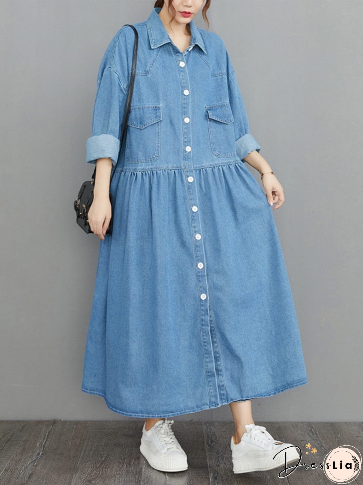 Spring Minimalist Loose Casual Denim Dress Long Sleeve