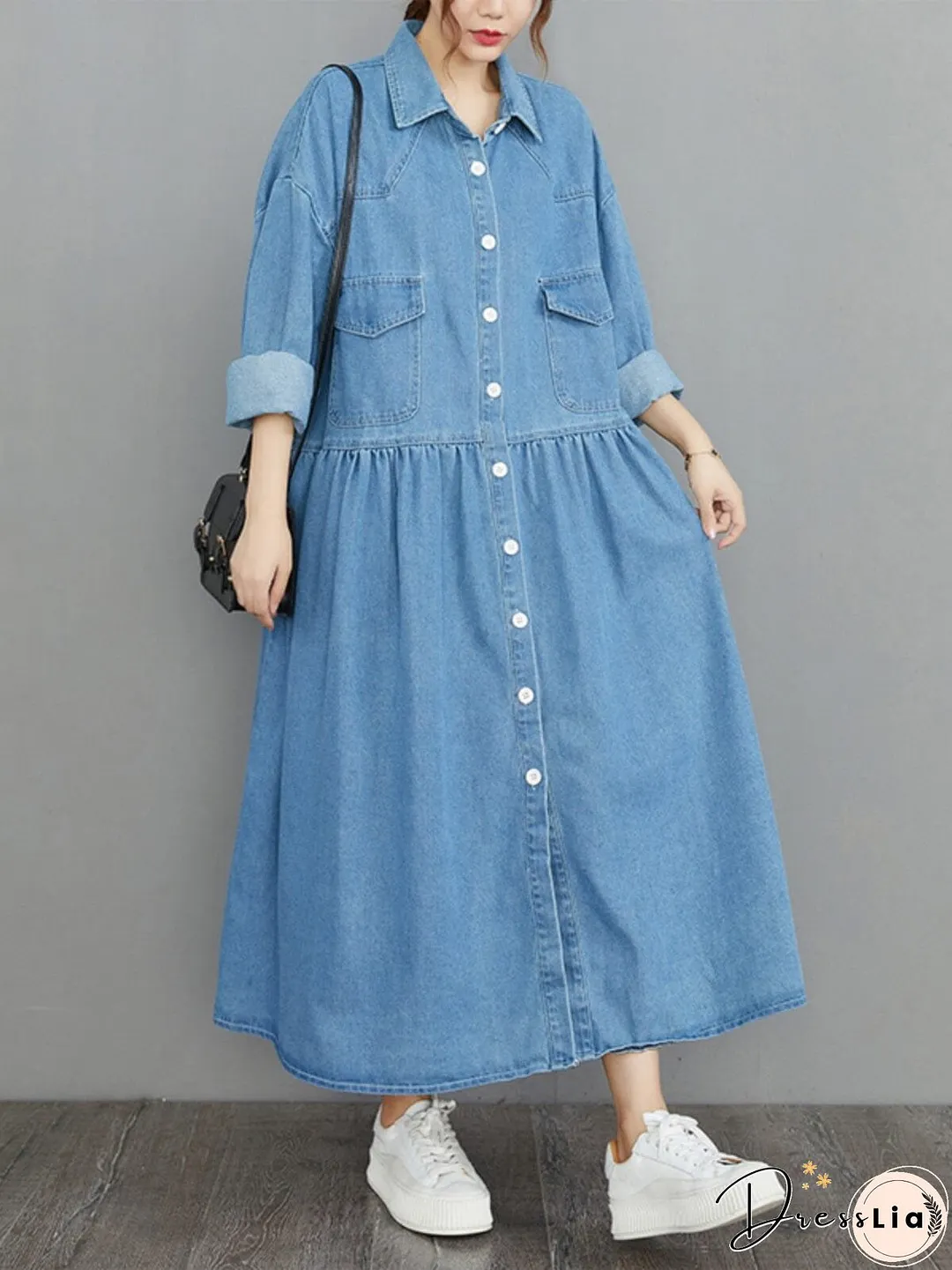 Spring Minimalist Loose Casual Denim Dress Long Sleeve