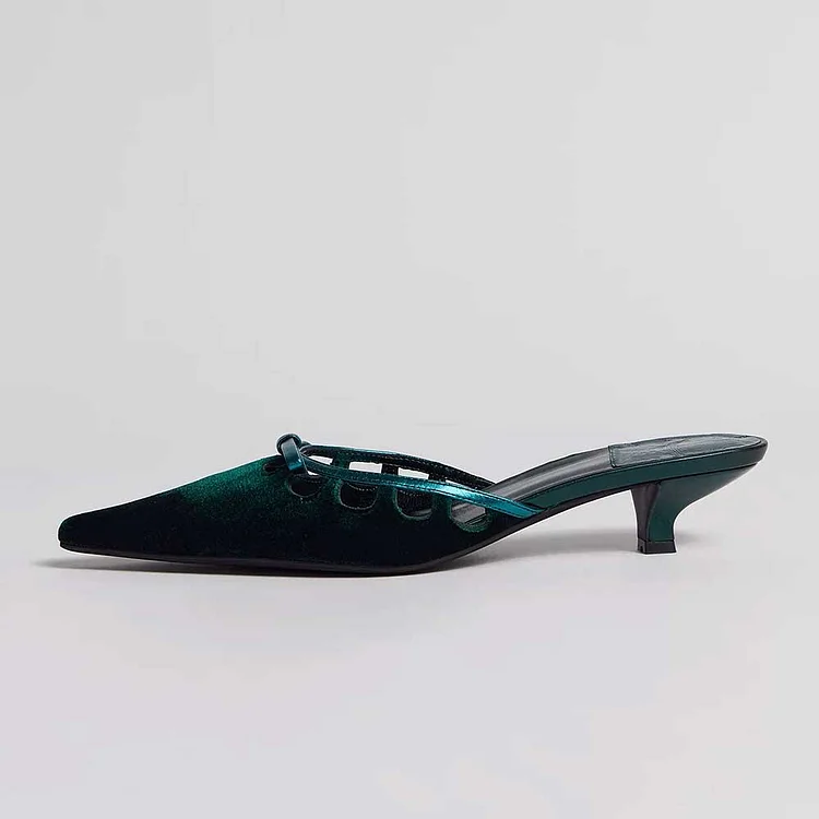 Dark Green Velvet Pointy Toe Cutout Bow Kitten Heel Mules for Women |FSJ Shoes