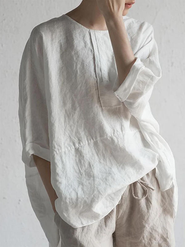 Round Neck Solid Color Cotton And Linen Shirt hjn Shicloths