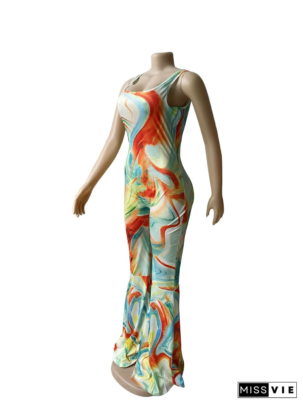 Summer Womens Clothing Casual Tie Dye Print Sleeveless Low Neck Backless Streetwear Bodycon Flare Jumpsuit