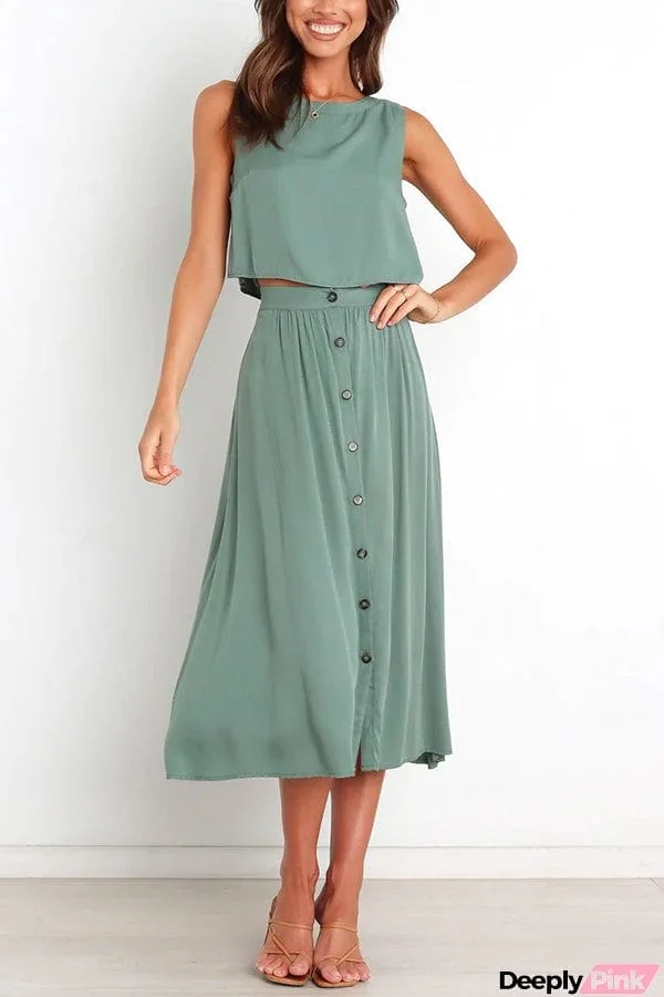 Lainey Crop Top and Pocketed Button Front Midi Skirt Set