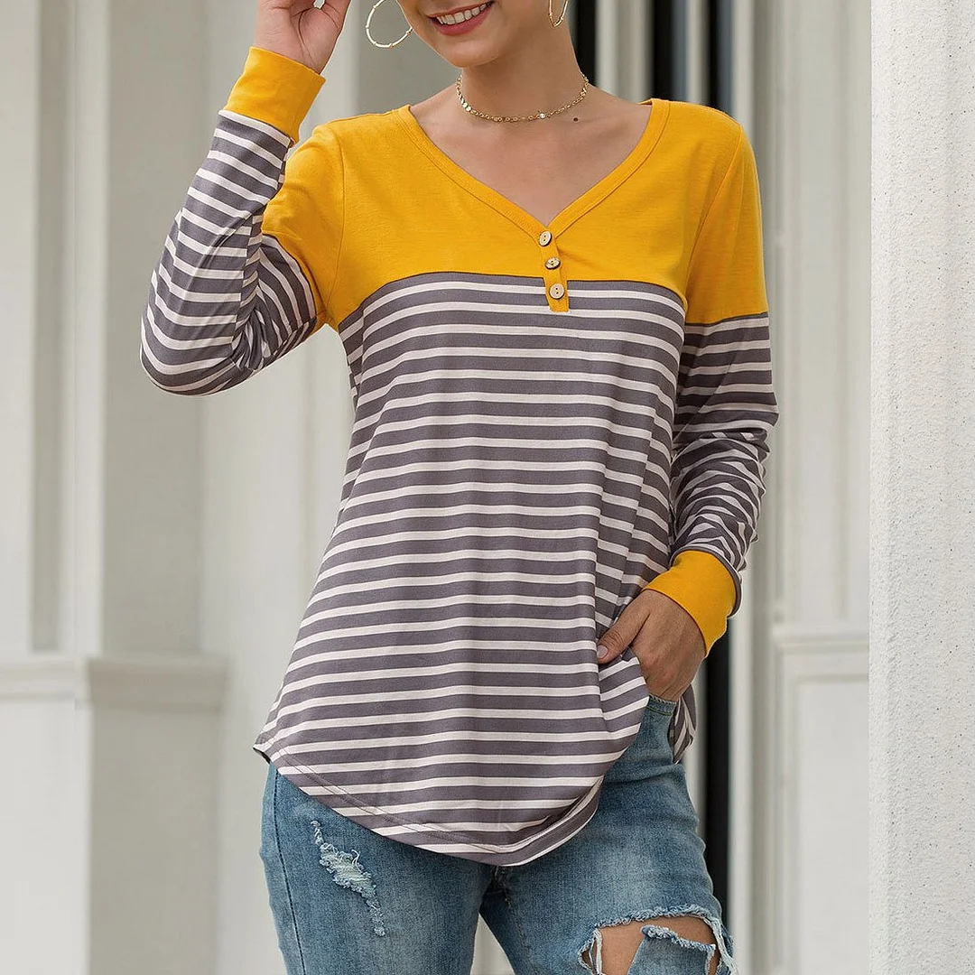 Women's Long Sleeve T-shirt New Design Striped Print T-shirt with Applique Patterns Suitable for Autumn Season