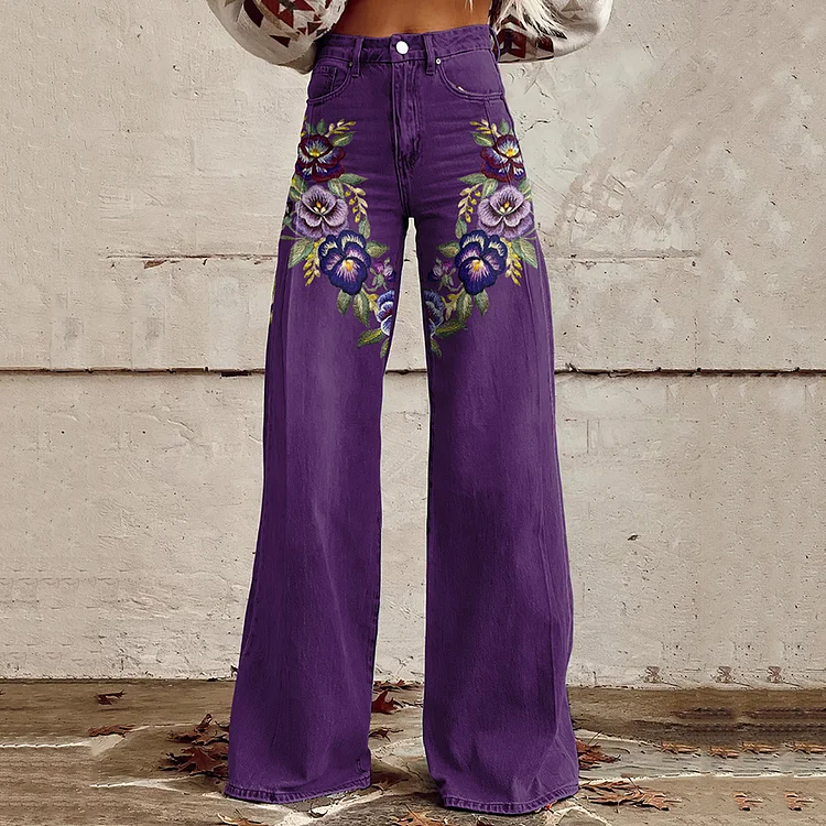 Women's Vintage Purple Floral Art Print Casual Wide Leg Jeans