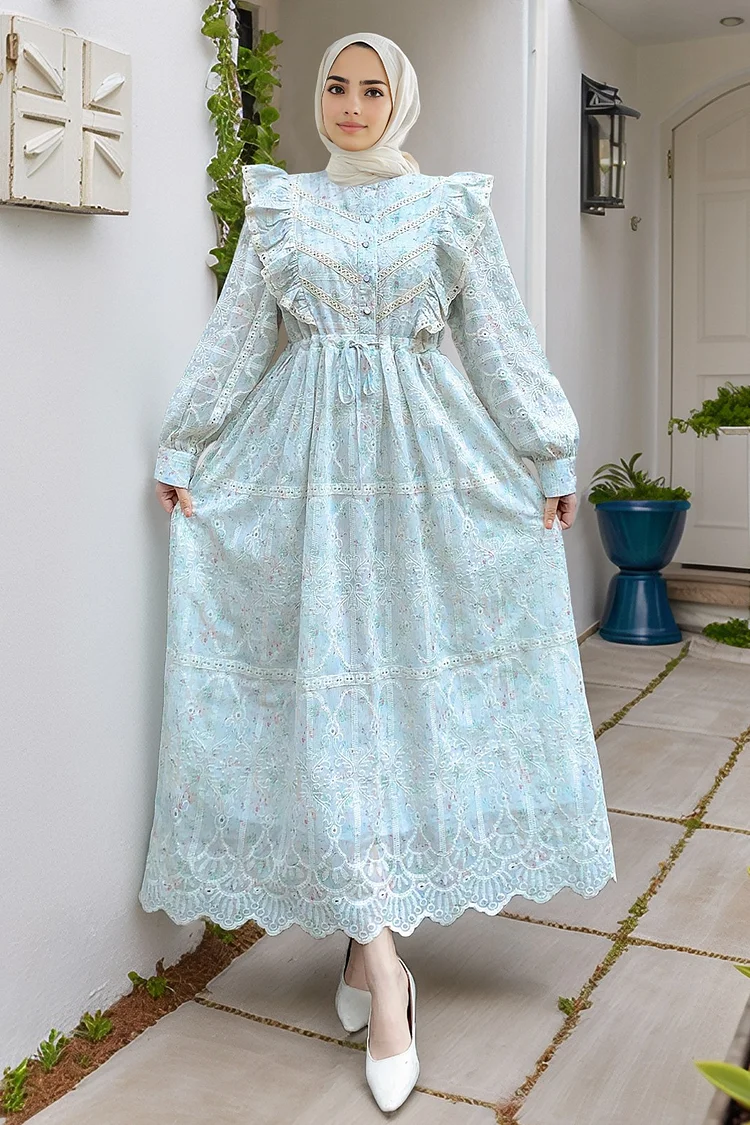 Cotton Blend Exquisite Eyelet Embroidered Ruffle Lace Patchwork Floral Long Dress Cotton Blend Exquisite Eyelet Embroidered Ruffle Lace Patchwork Floral Long Dress