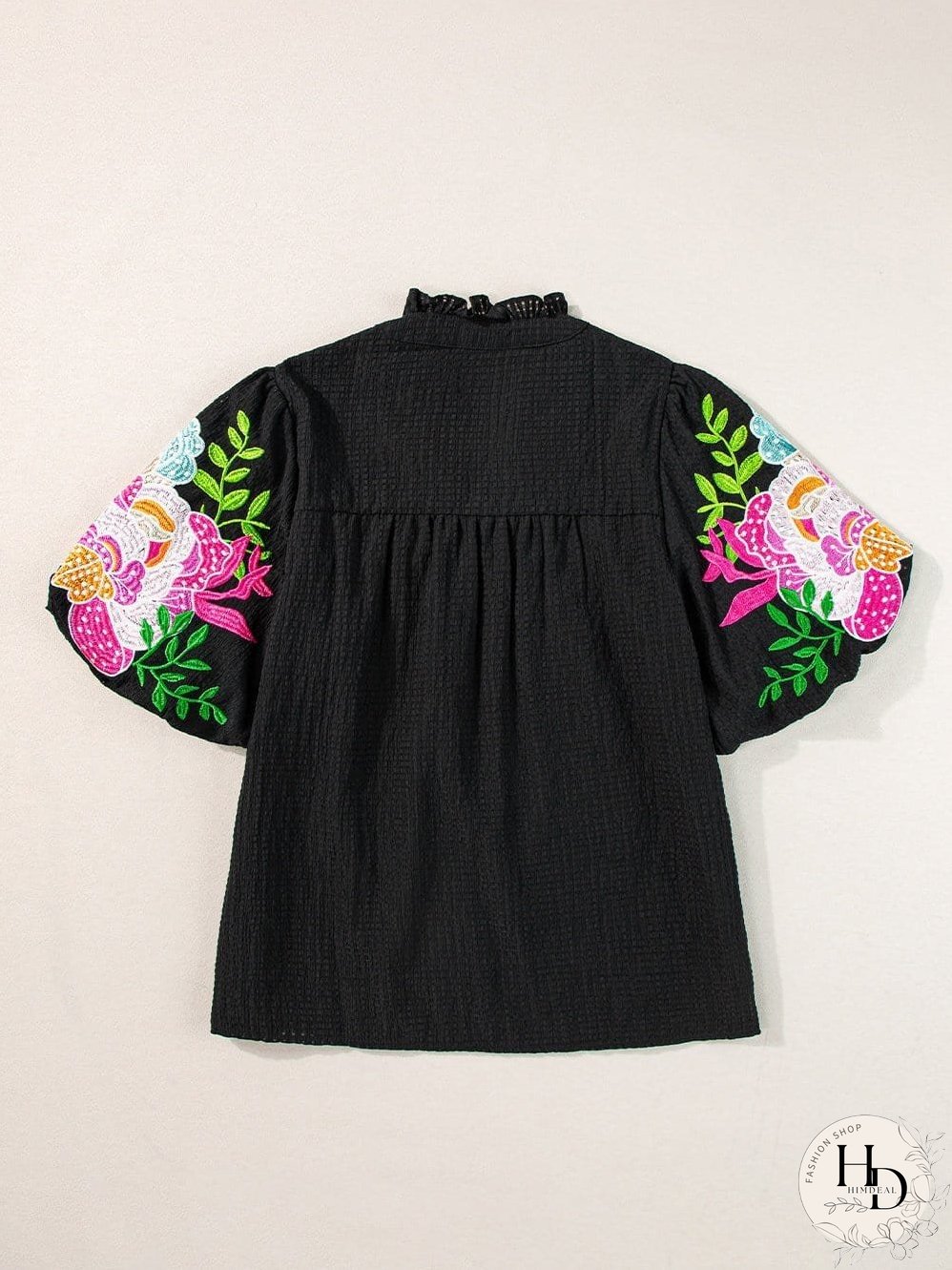 Elegant Black Floral Embroidered V-Neck Puff Sleeve Blouse