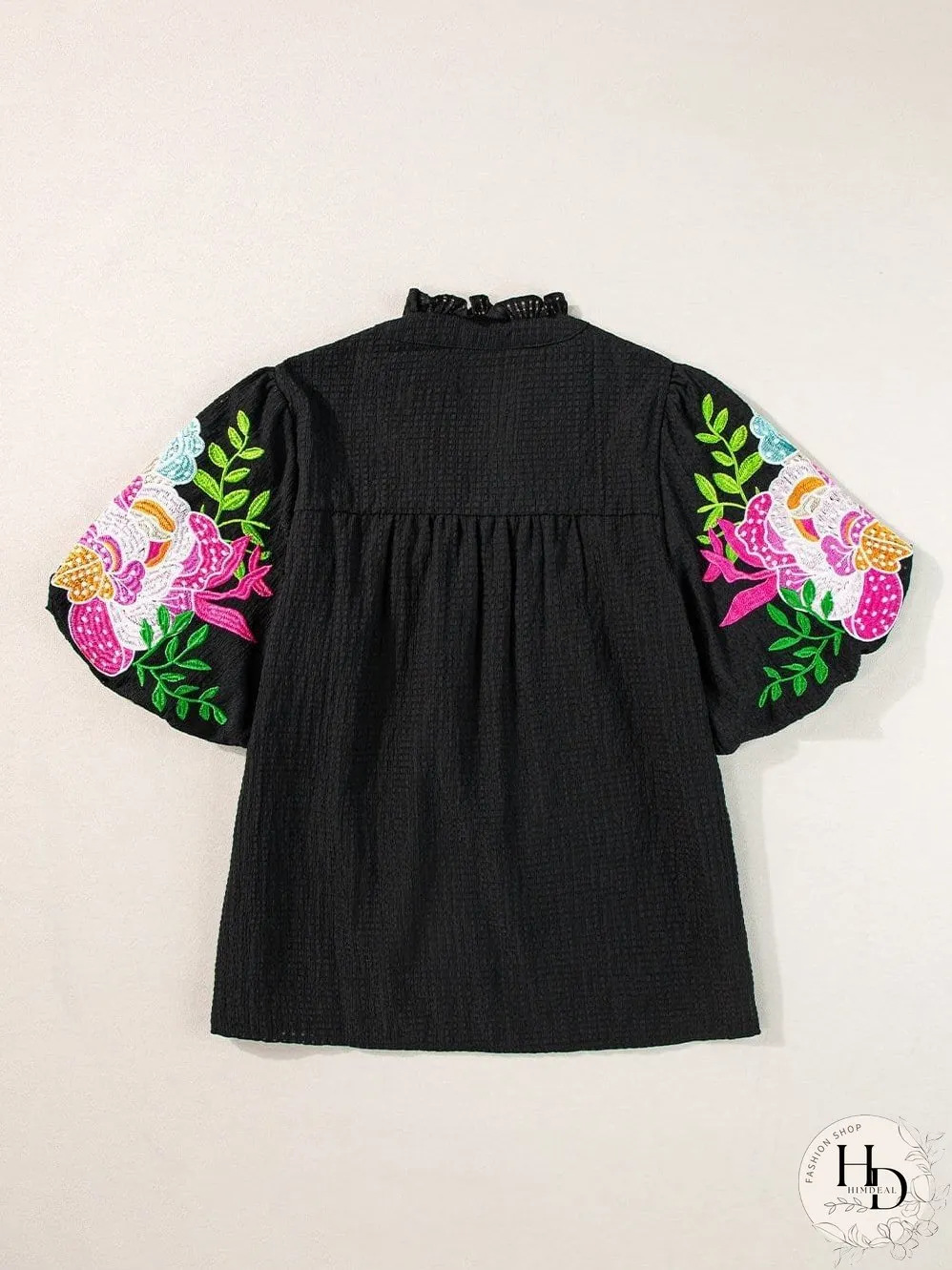 Elegant Black Floral Embroidered V-Neck Puff Sleeve Blouse