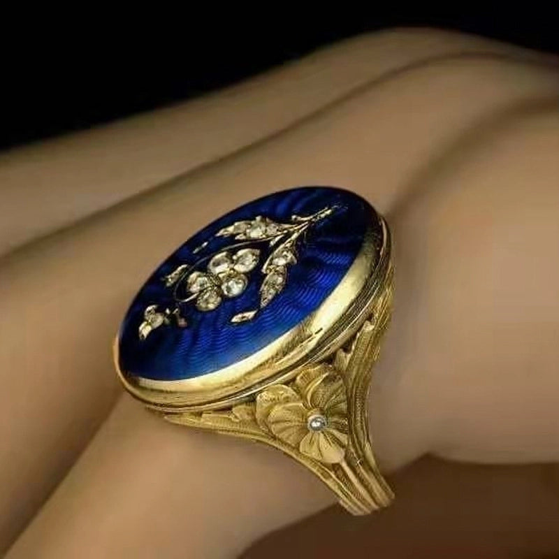 French Enamel Ring Art Nouveau Royal Style Rose Ring With Diamond