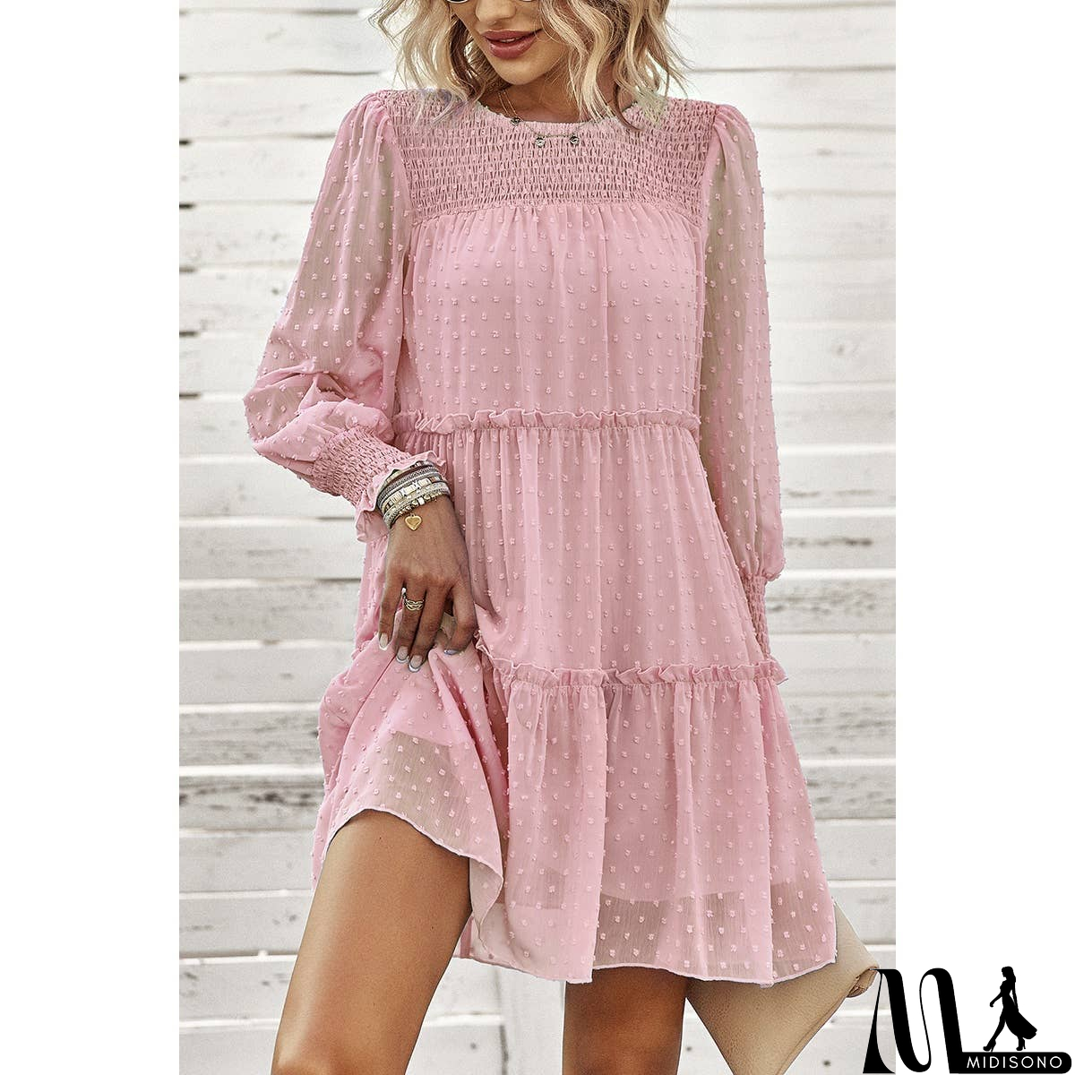 MidiSono - Dot Solid Ruched Color Block Ruffle Lined Midi Dress