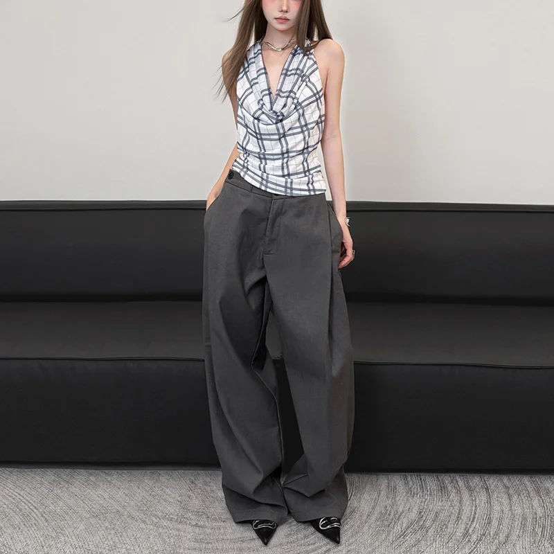 Uveng 2025 New Women's Fashion Simple Hanging Neck Design Lattice Sleeveless Small Vest