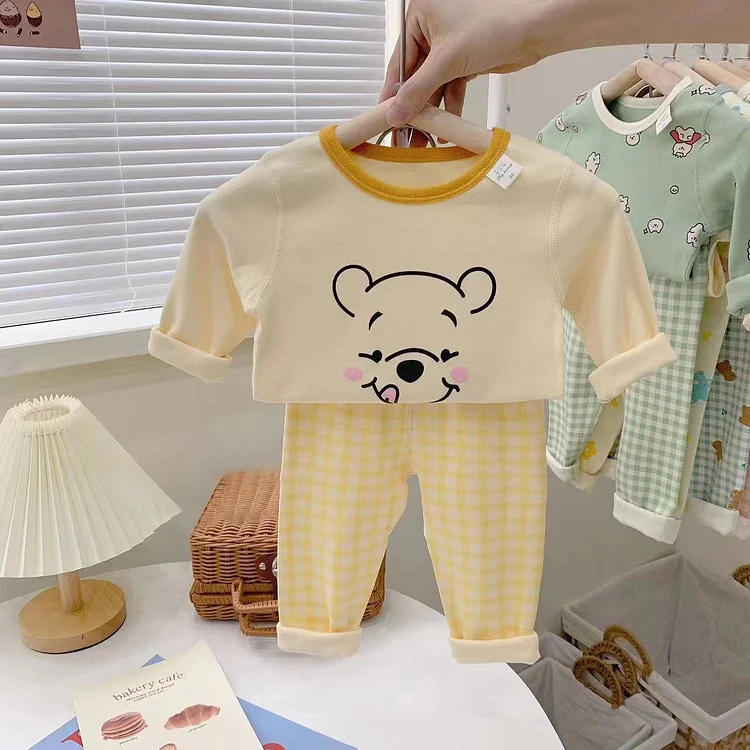 2pcs Baby Toddler Boy/Girl Bear Print Long Sleeve T-shirt & Plaid Pants Set