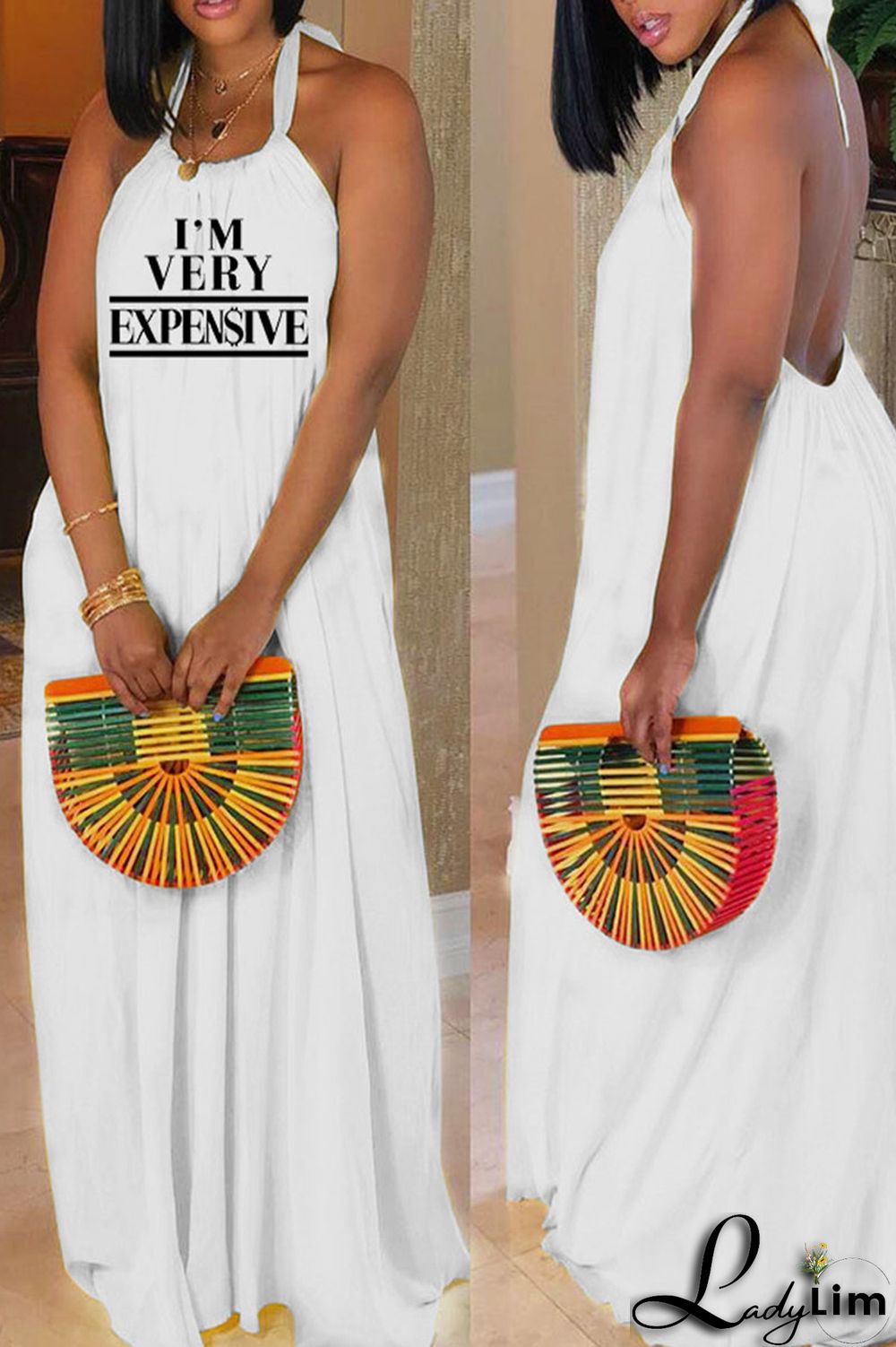 Black Sexy Print Split Joint Backless Halter Straight Dresses