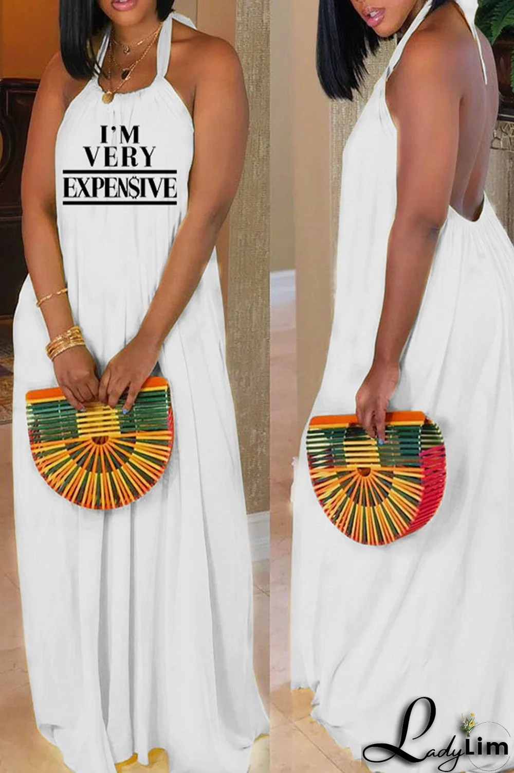 Black Sexy Print Split Joint Backless Halter Straight Dresses