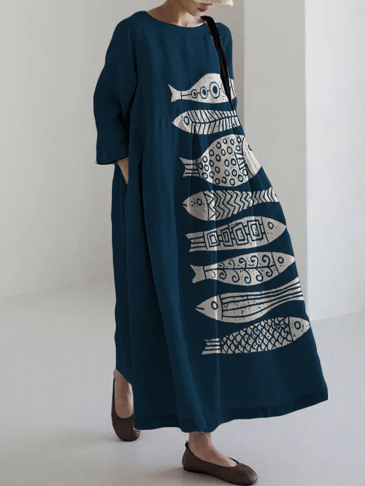 Fish Japanese Lino Art Flowy Linen Blend Maxi Dress