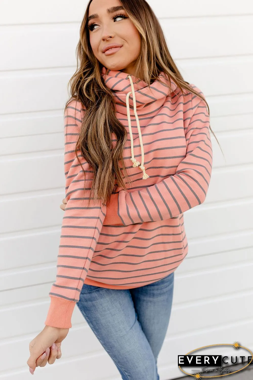 Orange Striped Turtleneck Hoodie with Pocket